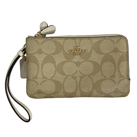 COACH Double Zip Corner Wristlet Wallet Signature Canvas + Hang Tag/Charm EUC - Picture 1 of 10